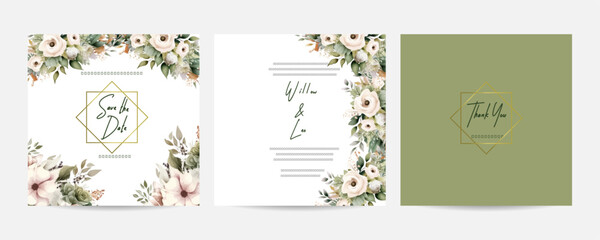 Fototapeta na wymiar Minimalist wedding card template with green leave watercolor. Jasmine flowers wedding card invitation theme.