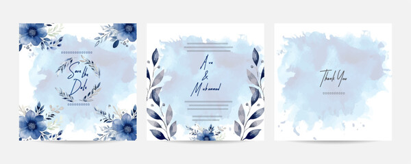 Vintage delicate greeting invitation card template design. Hand drawn blue eucalyptus wedding invitation card template.