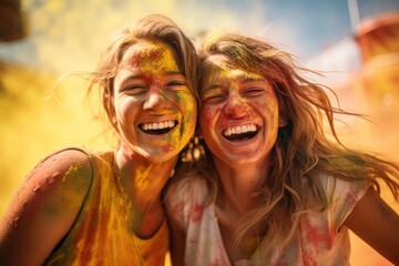 Fototapeta premium Holi festival. women and men in paint are smiling. cheerful young multiethnic friends with colorful paint on clothes and bodies having fun together at holi festival. generative ai.