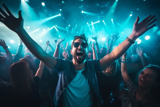 DJ raised his hands at night club party under blue . generative ai.