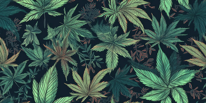 background with seamless pattern with green cannabis marijuana leaves. Generative AI