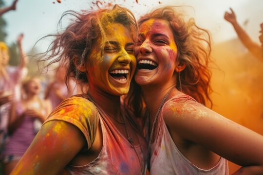 Holi festival. women and men in paint are smiling. cheerful young multiethnic friends with colorful paint on clothes and bodies having fun together at holi festival. generative ai.