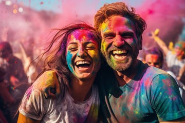 Holi festival. women and men in paint are smiling. cheerful young multiethnic friends with colorful paint on clothes and bodies having fun together at holi festival. generative ai.