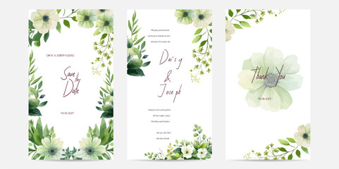 Beautiful wedding invitation card template with white jasmine leaves and flower. Rustic theme wedding card invitation.