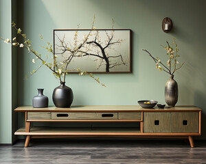 Minimalist Living Room featuring vases, pottery dry plant, and drawer cabinet table