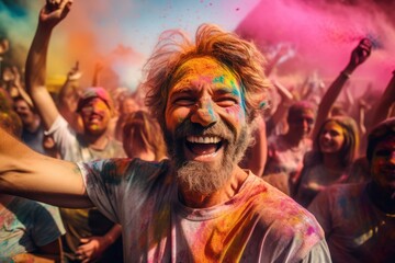 Holi festival. women and men in paint are smiling. cheerful young multiethnic friends with colorful paint on clothes and bodies having fun together at holi festival. generative ai.