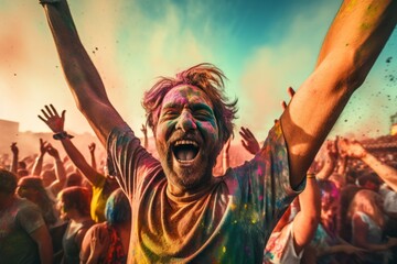 Holi festival. women and men in paint are smiling. cheerful young multiethnic friends with colorful paint on clothes and bodies having fun together at holi festival. generative ai.