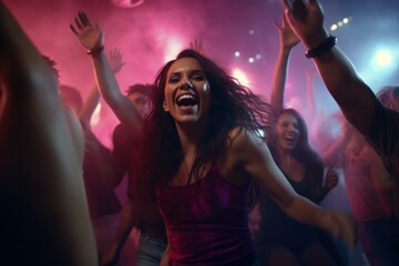 club party people dance on the dance floor in the rays of light. generative ai.