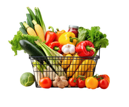 Full fresh food in shopping basket isolated on white background, Generative AI