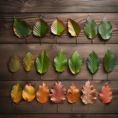  autumn leaves on a wooden background, arranged in a single row, in shades of green.