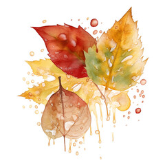 autumn leaves on a white background, with details of greenery and water droplets.
