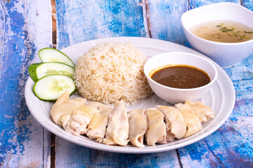 Hainanese chicken rice with soup .steamed chicken rice - Asian food style