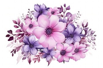 Beautiful round bouquet of purple watercolor flowers isolated on a white background. Delicate and enchanting. Generative Ai