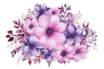 Fototapeta premium Beautiful round bouquet of purple watercolor flowers isolated on a white background. Delicate and enchanting. Generative Ai