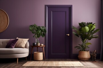 Purple living room with a classic purple door and a wicker vase of plants. Elegant brown parquet detail. Stylish and cozy ambiance. Generative AI