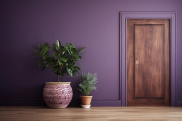 Purple living room with a classic purple door and a wicker vase of plants. Elegant brown parquet detail. Stylish and cozy ambiance. Generative AI