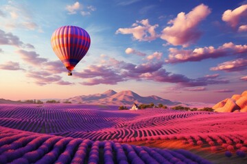 hot air ballon over lavender fields generative ai