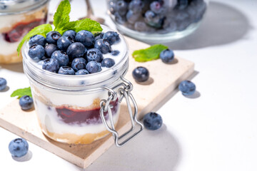 

Layered blueberry parfait dessert, cheesecake in glass with vanilla biscuit, creamy yogurt, jam topping and fresh blueberry