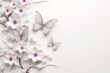 3D wallpaper featuring orchids and butterflies on a white abstract background. Celebratory ambiance. Stock illustration. Generative AI