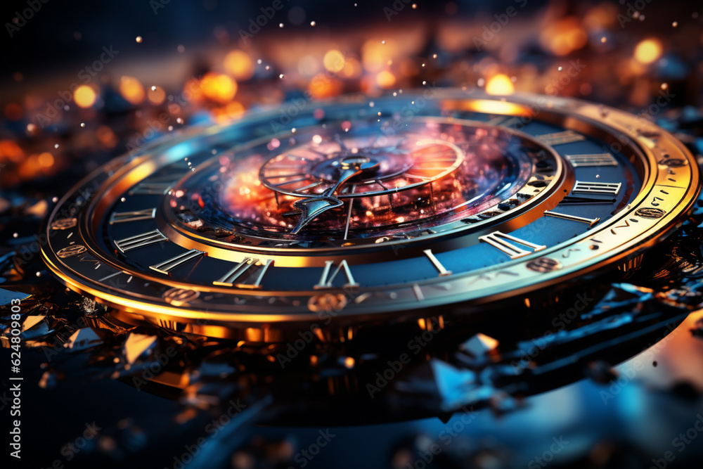 Leinwandbilder Abstract clock faces displaying midnight, surrounded by shimmering stars and glowing numbers, signifying the countdown to the New Year.  Generative AI technology.