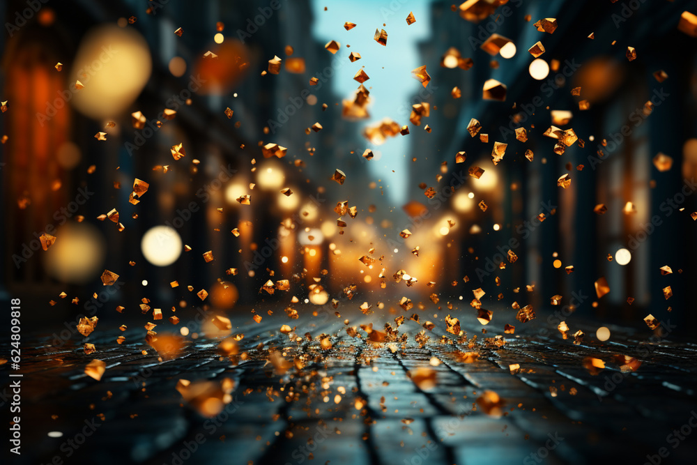 Poster A sparkling abstract background with golden confetti raining down to mark the beginning of the New Year.  Generative AI technology.