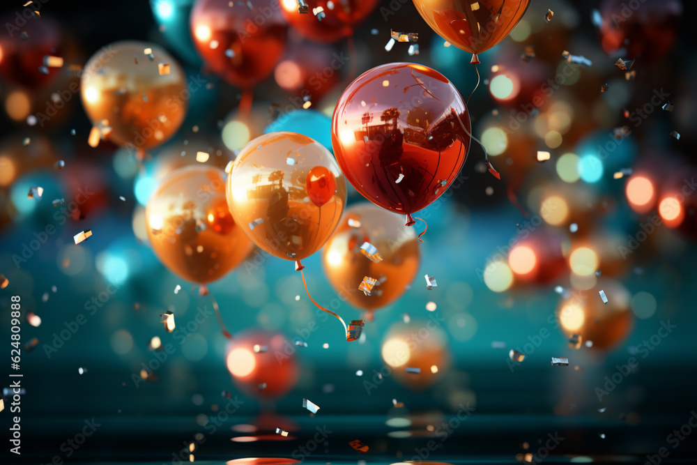 Poster Abstract balloons floating in the air, filled with a mix of colors, representing the joy and excitement of the New Year.  Generative AI technology.