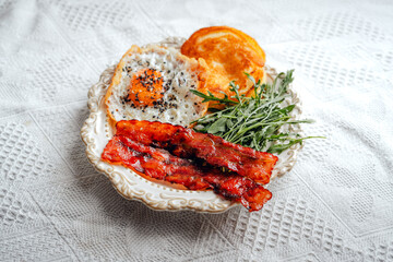 breakfast pancakes fried eggs bacon