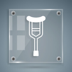 White Crutch or crutches icon isolated on grey background. Equipment for rehabilitation of people with diseases of musculoskeletal system. Square glass panels. Vector