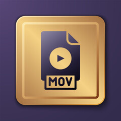Purple MOV file document. Download mov button icon isolated on purple background. MOV file symbol. Audio and video collection. Gold square button. Vector