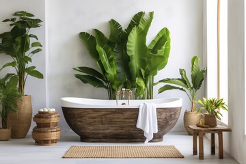 Luxury interior bathroom modern outdoor bathtub and green exotic plants bananas palms leaves in Villa Bali Indonesia, hotel spa, sunlight, copyspace, generative ai.