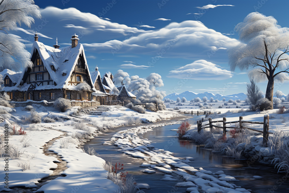 Poster a peaceful countryside christmas background with snow-covered fields and a quaint village in the dis