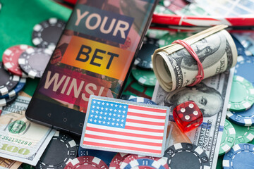 Fototapeta na wymiar Gambling online casino Internet betting concept green screen. smartphone with poker chips, dice. Jackpot, casino chips.