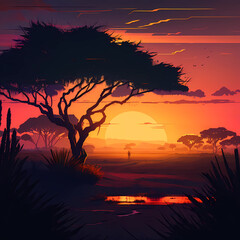 Obraz premium Savanna backdrop with beautiful sunset