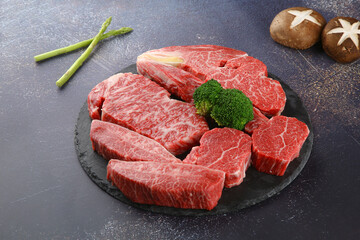 Raw beef on a black plate