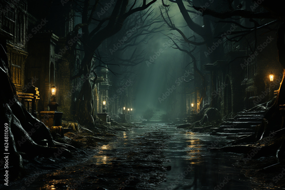 Aufkleber a creepy forest with twisted trees and glowing eyes peering from the shadows. generative ai technolo
