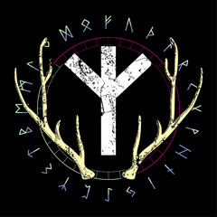 Design for a t-shirt with the runic lettering called Algiz next to elk horns. Ancient alphabet in circular design.