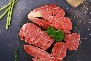 Raw beef on a black plate