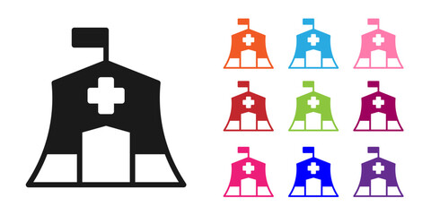 Black Emergency medical tent icon isolated on white background. Provide disaster relief. Set icons colorful. Vector
