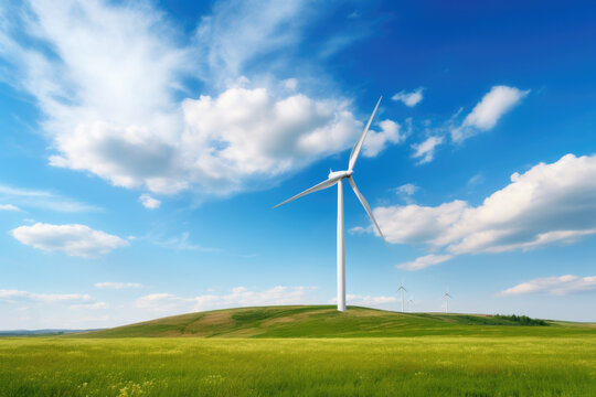 Wind turbine on field and blue sky created with Generative AI technology