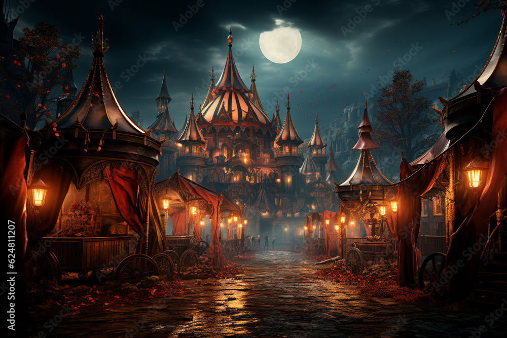 Aufkleber a creepy abandoned carnival with carousel horses and flickering lights. generative ai technology.