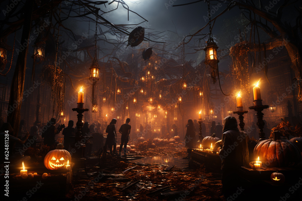 Poster a spooky halloween party with costumed guests dancing under string lights. generative ai technology.