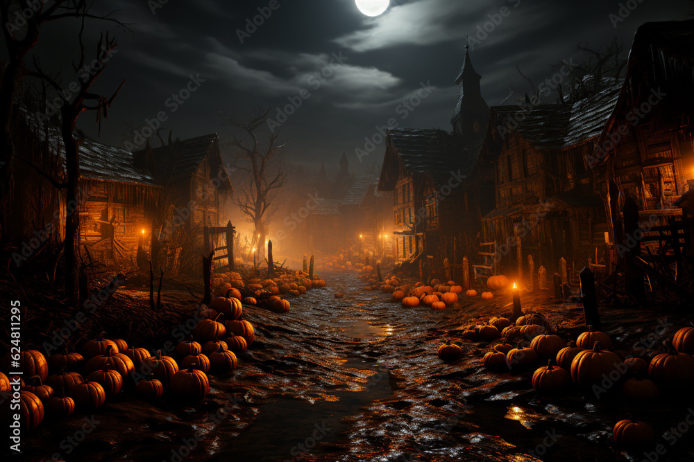 Poster a haunted pumpkin patch with eerie fog and glowing pumpkins. generative ai technology.