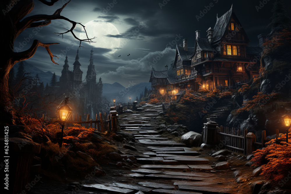 Aufkleber a haunted house on a hill with a winding path leading up to it. generative ai technology.