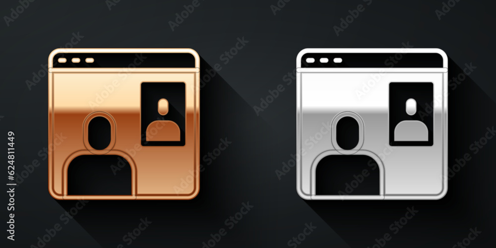 Poster gold and silver video chat conference icon isolated on black background. computer with video chat in