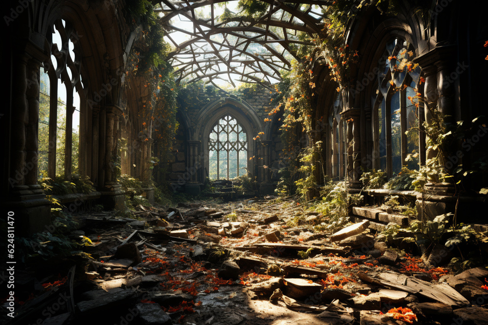 Aufkleber A creepy abandoned asylum with broken windows and overgrown vines.  Generative AI technology.
