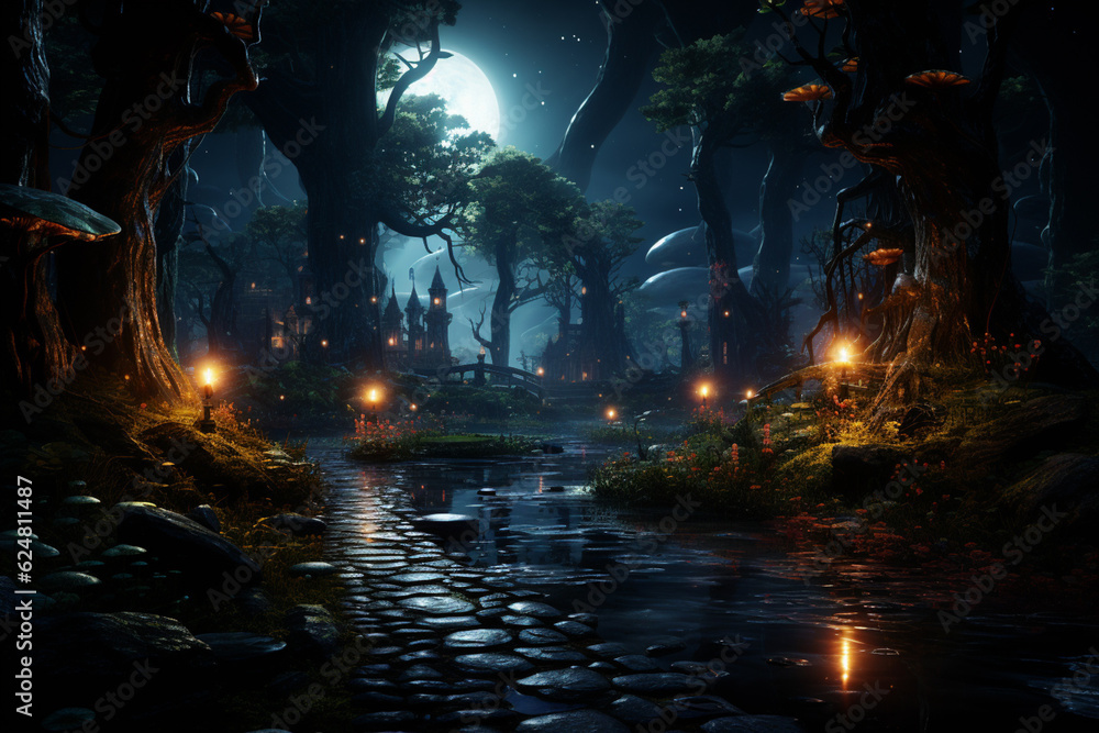 Poster a haunted forest with creepy creatures lurking among the trees, illuminated by glowing fireflies. ge