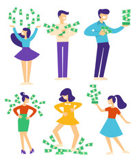 People with pile of money, characters trowing banknotes