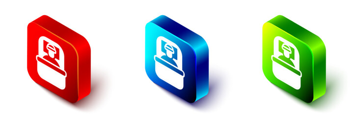 Isometric Sleeping bag icon isolated on white background. Red, blue and green square button. Vector