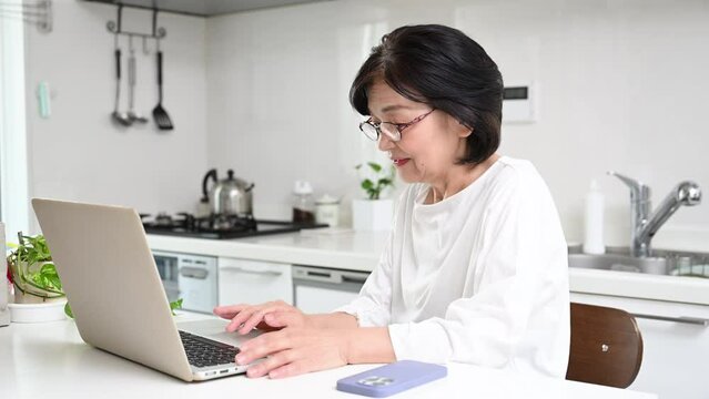 パソコンを見ながら操作する日本人女性高齢者	