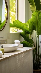 Luxury interior bathroom modern outdoor bathtub and green exotic plants bananas palms leaves in Villa Bali Indonesia, hotel spa, sunlight, copyspace, generative ai. 